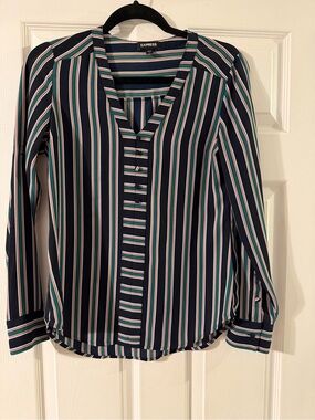 Express Navy Striped Button-Down Shirt with Pink and Green Accents